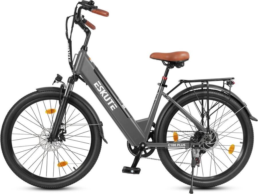 Eskute E-bike 26 inch elektrische fiets E-stadsfiets 250W achtermotor 36V 13Ah verwisselbare accu tot 100km LCD-display lage instap E-stadsfiets voor en volwassenen Grijs
