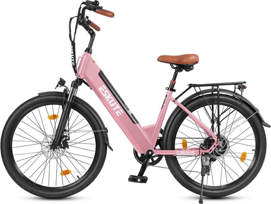 Eskute E-bike 26 inch elektrische fiets E-stadsfiets 250W achtermotor 36V 13Ah verwisselbare accu tot 100km LCD-display lage instap E-stadsfiets voor en volwassenen ROZE