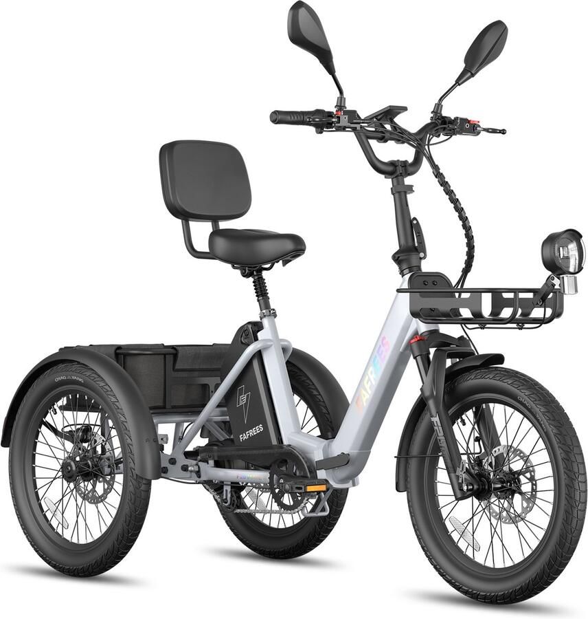 FAFREES 20 Inch 48V 25Ah Accu Famille elektrische longtail transportfiets Dik Klapfiets E-Bakfiets Elektrische Vrachtsfiets 180kg 100km Bereik -Grote groente den aan de voor- en achterkant Koppelsensor Elektrische Driewieler Grijs