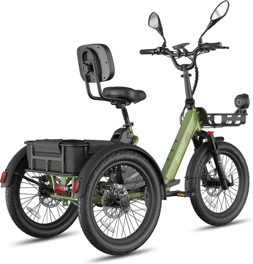 FAFREES 20 Inch 48V 25Ah Accu Famille elektrische longtail transportfiets Dik Klapfiets E-Bakfiets Elektrische Vrachtsfiets 180kg 100km Bereik -Grote groente den aan de voor- en achterkant Koppelsensor Elektrische Driewieler Groen