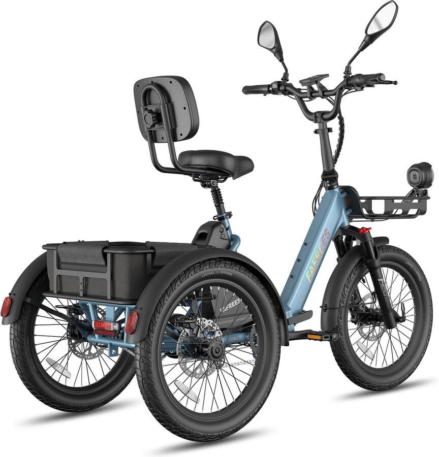 FAFREES 20 Inch 48V 25Ah Accu Famille elektrische longtail transportfiets Dik Klapfiets E-Bakfiets Elektrische Vrachtsfiets 180kg 100km Bereik -Grote groente den aan de voor- en achterkant Koppelsensor Elektrische Driewieler Blauw