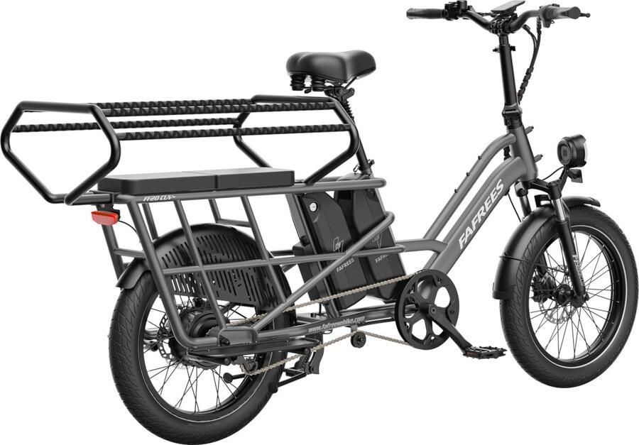 FAFREES 20 inch elektrische fiets met kinderzitjes en voorkorf – E-fiets – E-Bakfiets24Ah accu – maximaal 200kg draagvermogen – max 25km u – Familie Longtail E-Cargo Bakfiets –tot 140km – voor gezinsuitjes en dagelijkse boodschappen –Grijs