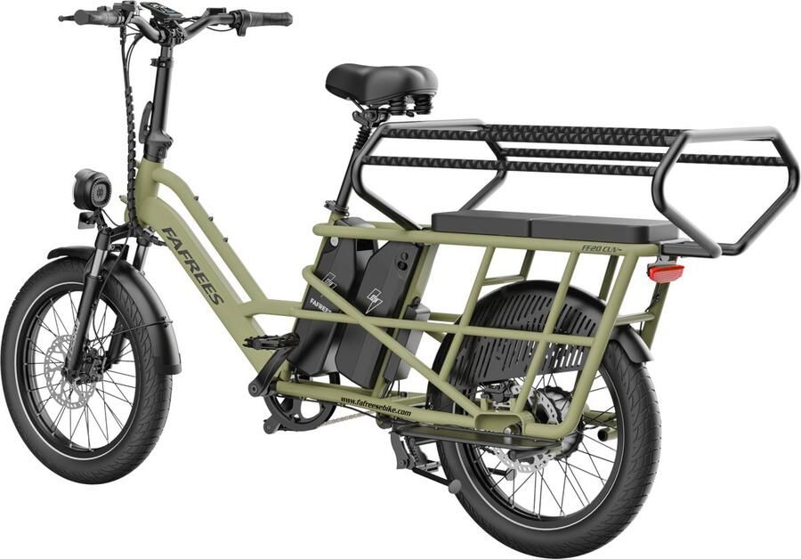 FAFREES 20 inch elektrische fiets met kinderzitjes en voorkorf – E-fiets – E-Bakfiets24Ah accu – maximaal 200kg draagvermogen – max 25km u – Familie Longtail E-Cargo Bakfiets –tot 140km – voor gezinsuitjes en dagelijkse boodschappen –Groen
