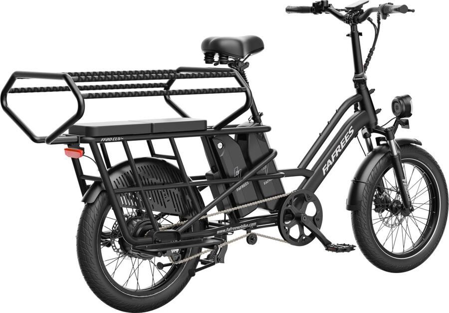 FAFREES 20 inch elektrische fiets met kinderzitjes en voorkorf – E-fiets – E-Bakfiets24Ah accu – maximaal 200kg draagvermogen – max 25km u – Familie Longtail E-Cargo Bakfiets –tot 140km – voor gezinsuitjes en dagelijkse boodschappen –Zwart