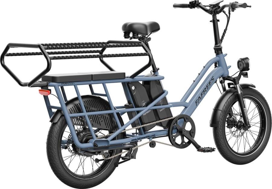 FAFREES 20 inch elektrische fiets met kinderzitjes en voorkorf – E-fiets – E-Bakfiets24Ah accu – maximaal 200kg draagvermogen – max 25km u – Familie Longtail E-Cargo Bakfiets –tot 140km – voor gezinsuitjes en dagelijkse boodschappen –Blauw