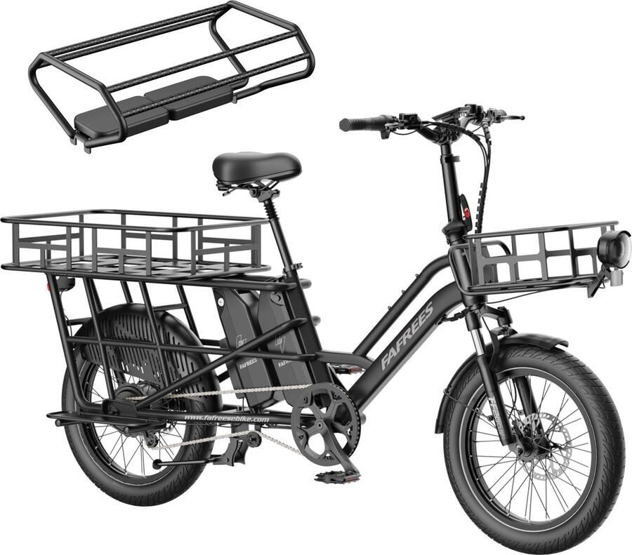 FAFREES 20 inch elektrische fiets met kinderzitjes en voorkorf – E-fiets – E-Bakfiets24Ah accu – maximaal 200kg draagvermogen – max 25km u – Familie Longtail E-Cargo Bakfiets –tot 140km – voor gezinsuitjes en dagelijkse boodschappen –Zwart