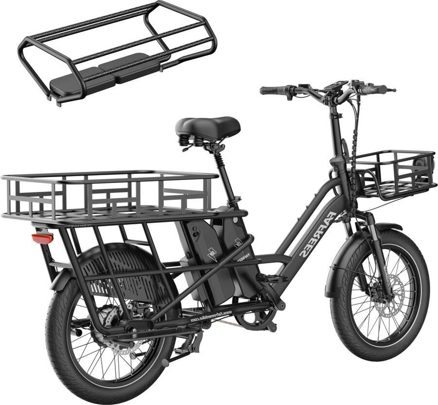 FAFREES 20 inch elektrische fiets met kinderzitjes en voorkorf – E-fiets – E-Bakfiets24Ah accu – maximaal 200kg draagvermogen – max 25km u – Familie Longtail E-Cargo Bakfiets –tot 140km – voor gezinsuitjes en dagelijkse boodschappen –Grijs