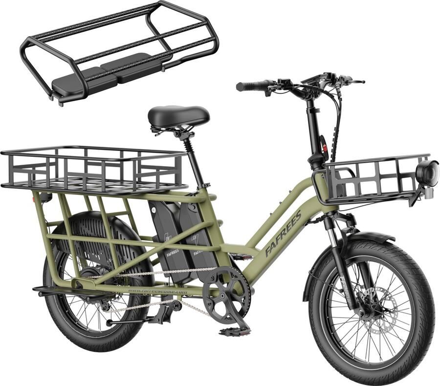 FAFREES 20 inch elektrische fiets met kinderzitjes en voorkorf – E-fiets – E-Bakfiets24Ah accu – maximaal 200kg draagvermogen – max 25km u – Familie Longtail E-Cargo Bakfiets –tot 140km – voor gezinsuitjes en dagelijkse boodschappen –Groen