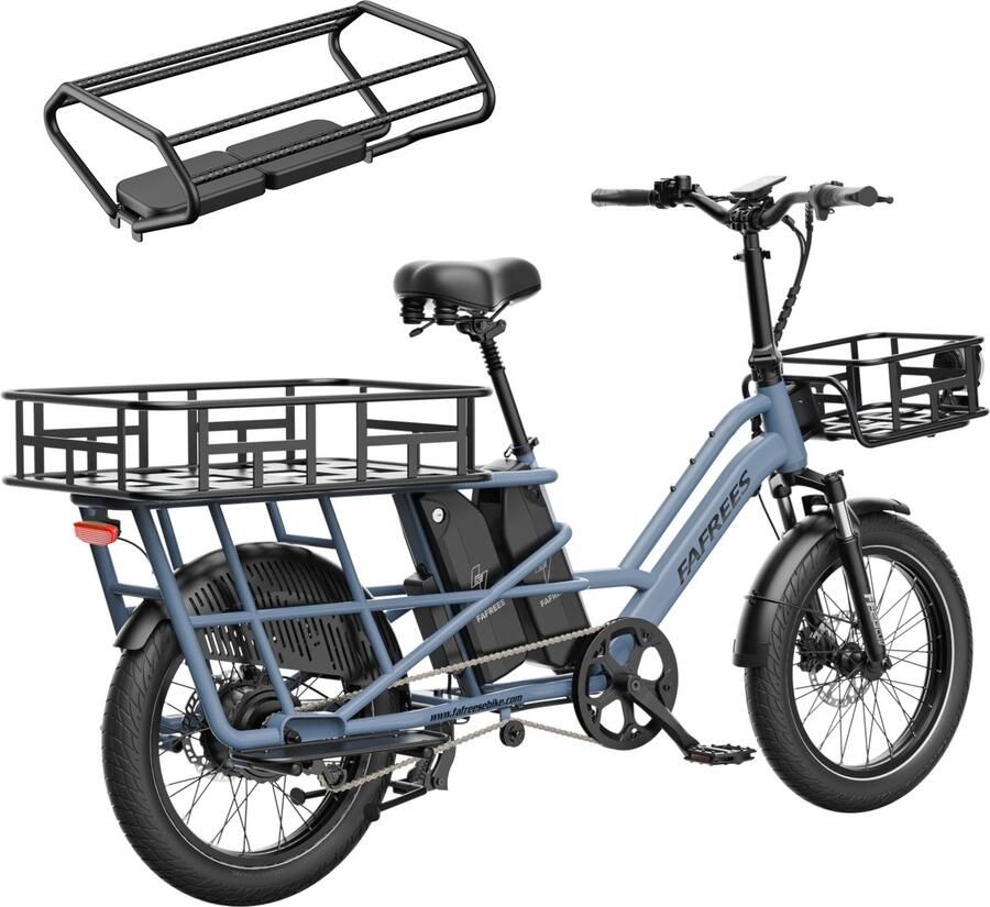 FAFREES 20 inch elektrische fiets met kinderzitjes en voorkorf – E-fiets – E-Bakfiets24Ah accu – maximaal 200kg draagvermogen – max 25km u – Familie Longtail E-Cargo Bakfiets –tot 140km – voor gezinsuitjes en dagelijkse boodschappen –Blauw