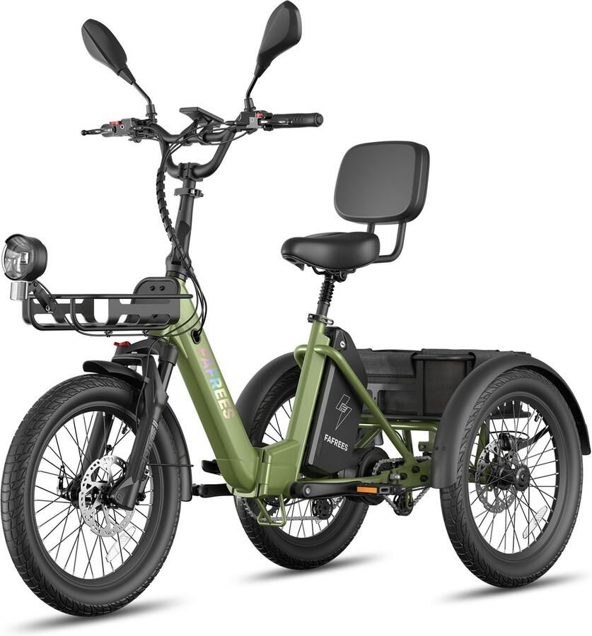 FAFREES Elektrische Driewieler 20 Inch 48V 21Ah Accu Dik Klapfiets E-Bakfiets Elektrische Fiets Elektrische Vrachtsfiets 180kg 85km Bereik Grote groente den aan de voor- en achterkant Koppelsensor Max 180kg Belasting – Groen
