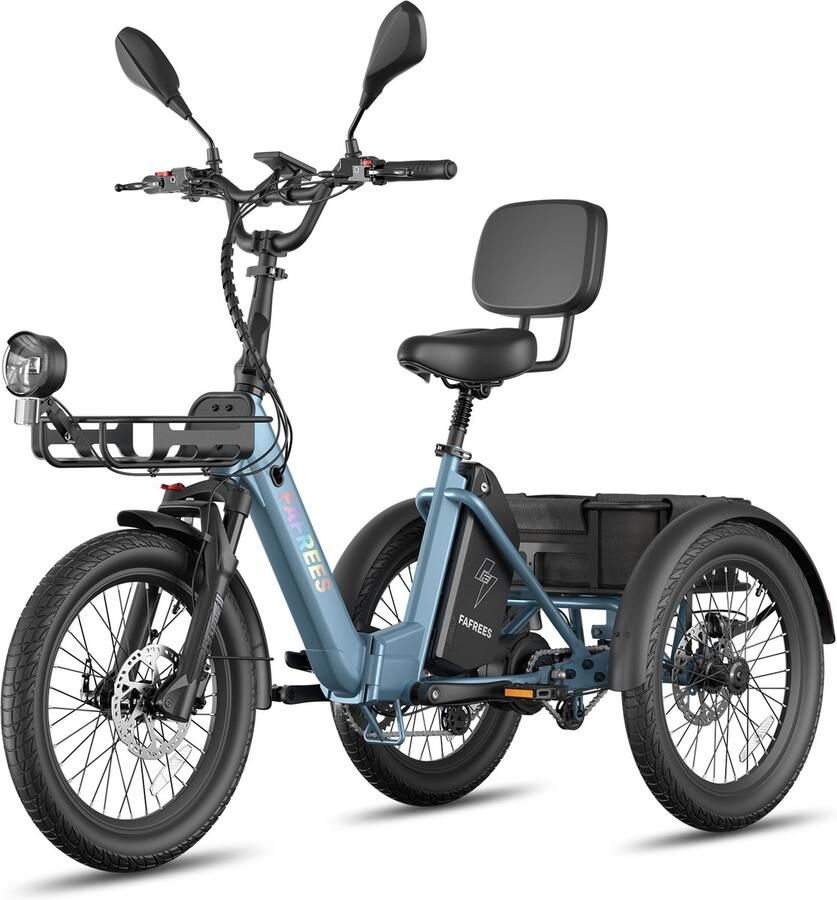 FAFREES Elektrische Driewieler 20 Inch 48V 21Ah Accu Dik Klapfiets E-Bakfiets Elektrische Fiets Elektrische Vrachtsfiets 180kg 85km Bereik Grote groente den aan de voor- en achterkant Koppelsensor Max 180kg Belasting – Blauw