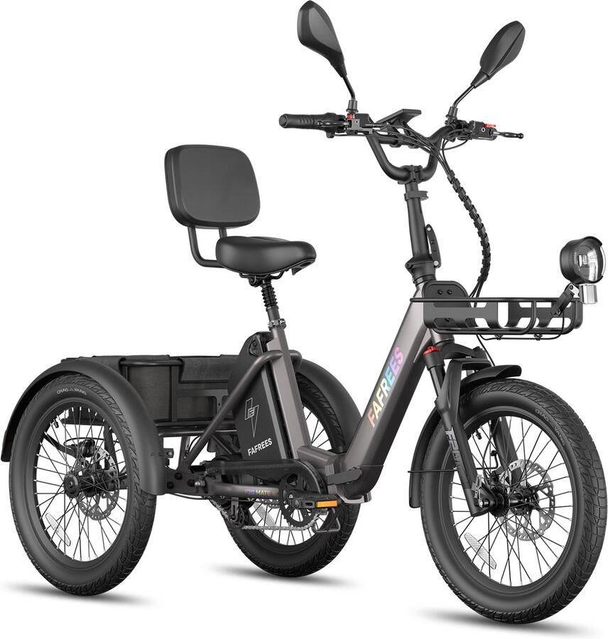 FAFREES Elektrische Driewieler 20 Inch 48V 21Ah Accu Dik Klapfiets E-Bakfiets Elektrische Fiets Elektrische Vrachtsfiets 180kg 85km Bereik Grote groente den aan de voor- en achterkant Koppelsensor Max 180kg Belasting – Zwart