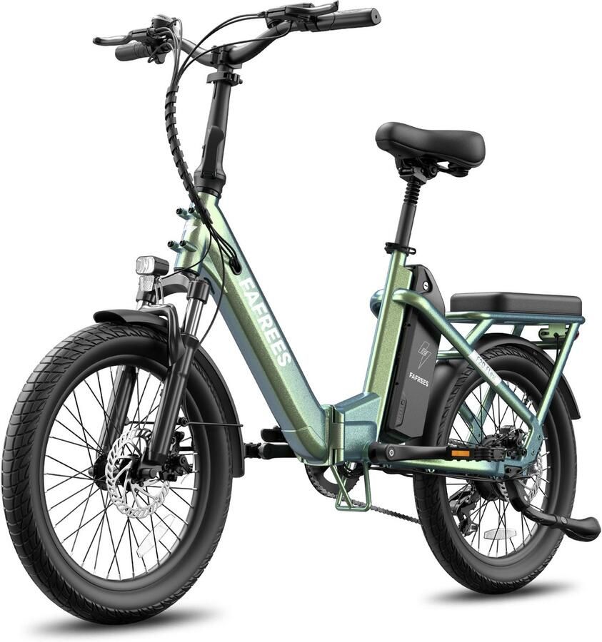 FAFREES Elektrische fiets Actieradius120km Verwijderbare batterij 36 V 20Ah Motor 250W Shi o 7 versnellingen Koppelingssensor aan beide zijden 20 Inch Commuter E-Bike Dubbele Vering 20 Inch opvouwbare City Commuter E-Bike Groente