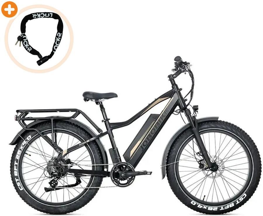 Fatbikeskopen.nl JOBOBIKE Robin Pro Elektrische Fatbike 26 inch 250W motor Actieradius tot 180 km 8 versnellingen Hydraulische schijfrem Zwart-goud - Foto 2