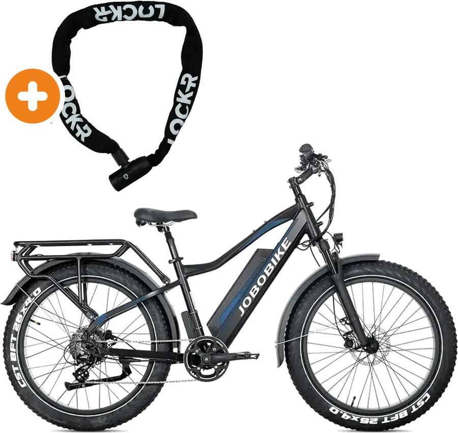 Fatbikeskopen.nl JOBOBIKE Robin Pro Elektrische Fiets 26 inch 250W motor Actieradius tot 180 km 8 versnellingen Hydraulische schijfrem Zwart-blauw