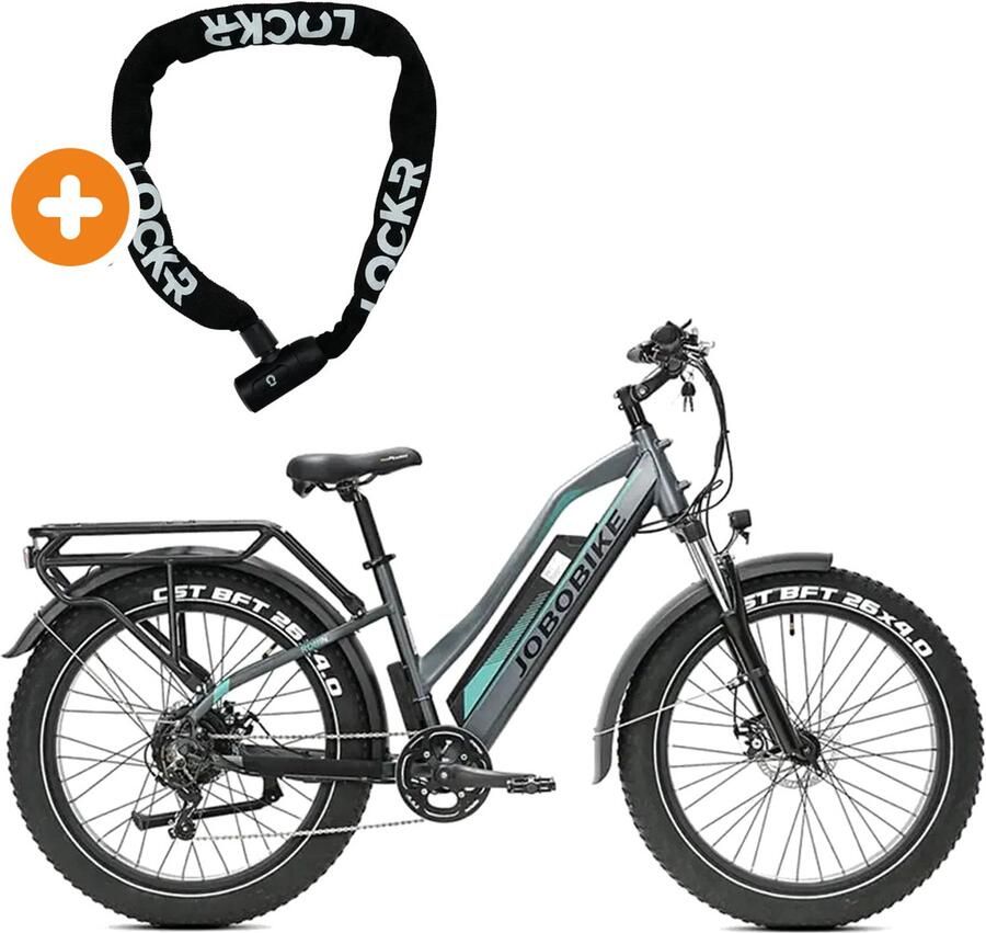 Fatbikeskopen.nl JOBOBIKE Robin ST Elektrische Fatbike 26 inch 250W motor Actieradius tot 120 km 7 versnellingen Mechanische schijfrem Grijs-Groen