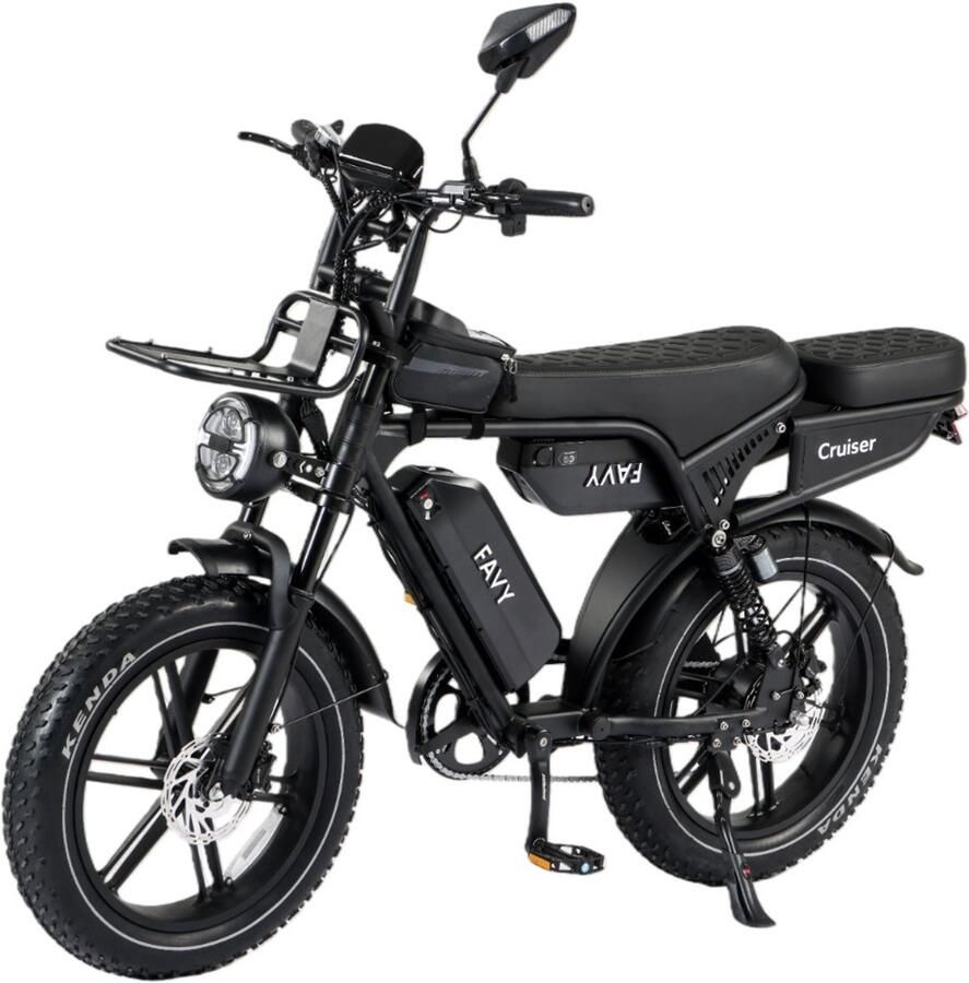 Favy Cruiser Fatbike Limited V8 Edition Rijklaar 120 km Dubbele Accu NFC Alarmsysteem Verbeterd LCD Display Hydraulische Schijfrem Achterzitje & Voordrager 250W Motor Incl. Elektrische Fietspomp 2 Jaar Garantie Zwart