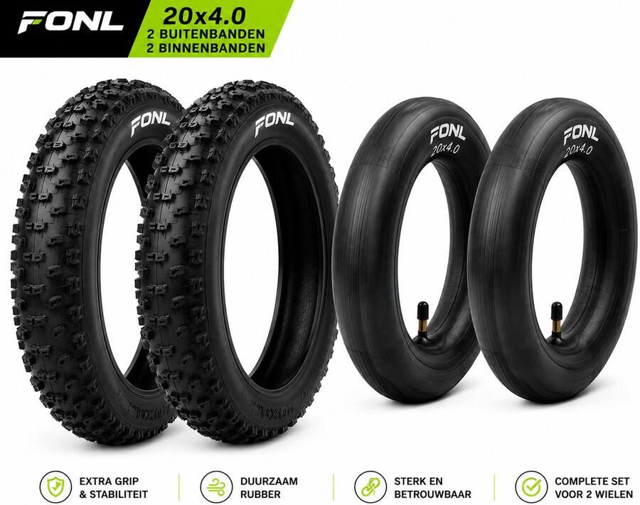 FONL Fatbike Bandenset 20x4.0 – 2 Buitenbanden + 2 Binnenbanden – Complete 4-Delige Set – Fatbike Banden