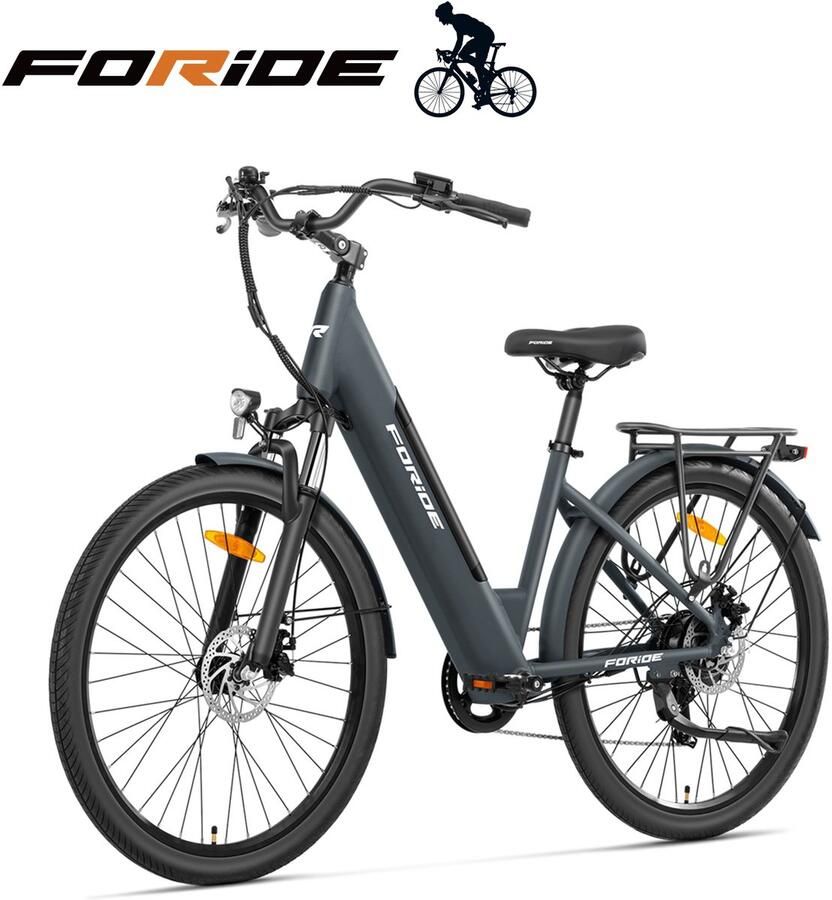 FORIDE Roamer 1 elektrische fiets met lage instap 250 W motor 36 V 13 Ah accu 27 5 inch banden maximale snelheid 25 km u maximaal bereik 100 km schijfrem vering met lockout Shi o 7 versnellingen Grijs Gratis helm bij tijdelijke actie - Foto 2