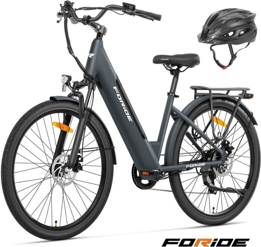 FORIDE Roamer 1 elektrische fiets met lage instap 250 W motor 36 V 13 Ah accu 27 5 inch banden maximale snelheid 25 km u maximaal bereik 100 km schijfrem vering met lockout Shi o 7 versnellingen Grijs Gratis helm bij tijdelijke actie