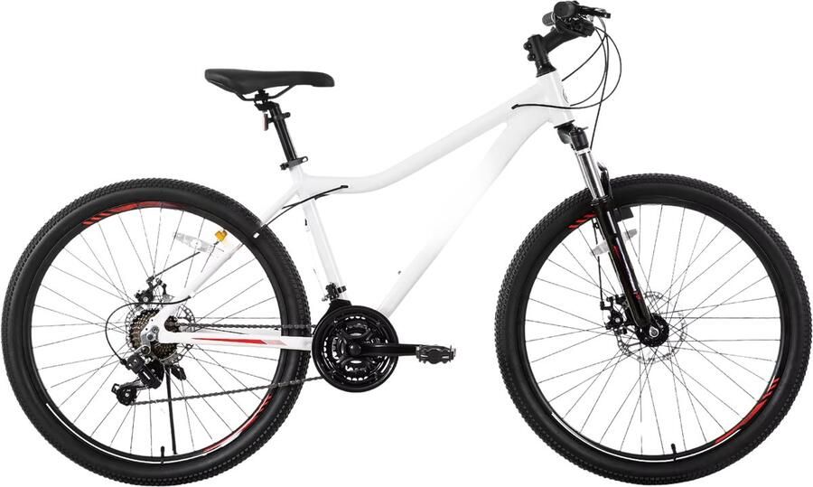 Happiq Dames mountainbike 51–69 cm – Voor recreatief en sportief gebruik op terrein – Met 21 versnellingen vergrendelbare verende vork en dubbele schijfremmen – Wit aluminium frame