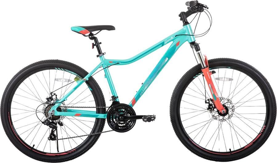 Happiq Dames mountainbike 51–69 cm – Voor recreatief en sportief gebruik op terrein – Met 21 versnellingen vergrendelbare verende vork en dubbele schijfremmen – Groen aluminium frame