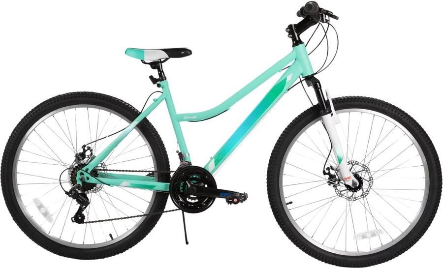 Happiq Dames mountainbike – Voor recreatief gebruik MTB-liefhebbers – 18 versnellingen voorvorkvering dubbele mechanische schijfremmen – Aluminium groen 66 cm