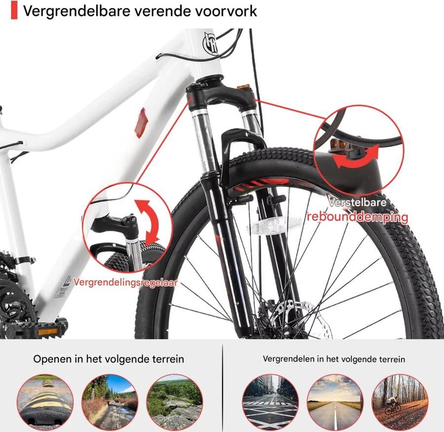 Happiq Dames mountainbike – Voor volwassenen – 21 versnellingen vergrendelbare verende vork dubbele schijfremmen aluminium frame – Groen 51 66 69 cm