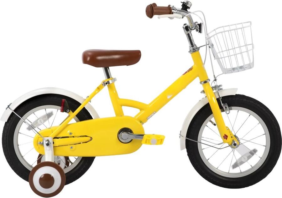 Happiq Kinderfiets 30–46 cm – Voor kinderen van 2–8 jaar voor dagelijks gebruik en spel – Met d spatborden volledige kettingkoffer en zijwieltjes – Geel frame