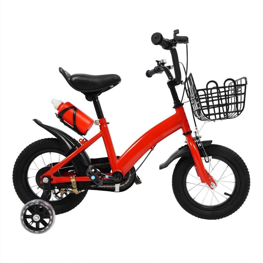 Happiq Kinderfiets met Zijwieltjes Met Fleshouder en Mand voor kinderen 2-5 jaar Rood Roze