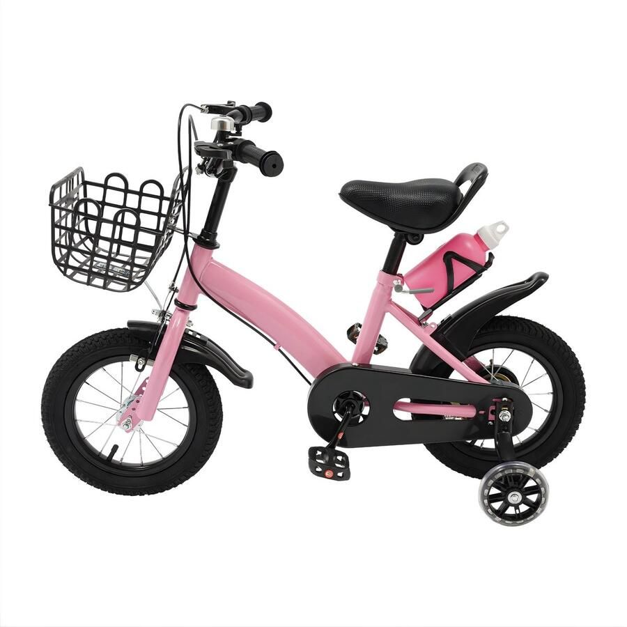 Happiq Kinderfiets met Zijwieltjes Met Fleshouder en Mand voor kinderen 2-5 jaar Roze Lichtgroen