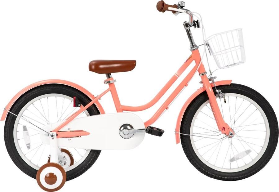 Happiq Kinderfiets – Voor beginners kinderen – Met mand spatborden volledige kettingkoffer en zijwieltjes – Roze 46 cm