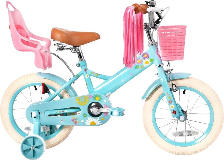 Happiq Kinderfiets – Voor en – Met d bel extra wielen en poppenzitje leuk verjaardagscadeau – Blauw 36 cm