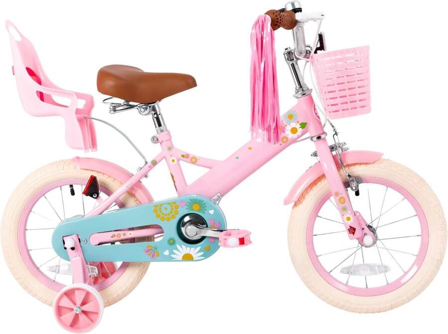Happiq Kinderfiets – Voor en – Met d bel extra wielen en poppenzitje leuk verjaardagscadeau – Roze 36 cm