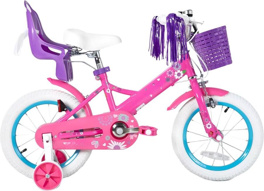 Happiq Kinderfiets – Voor en – Met d bel extra wielen en poppenzitje leuk verjaardagscadeau – Paars 36 cm - Foto 1