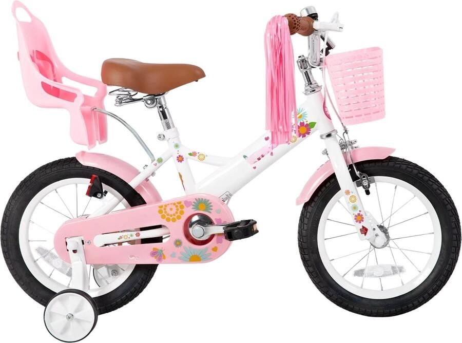Happiq Kinderfiets – Voor en – Met d bel extra wielen en poppenzitje leuk verjaardagscadeau – Wit 30 cm