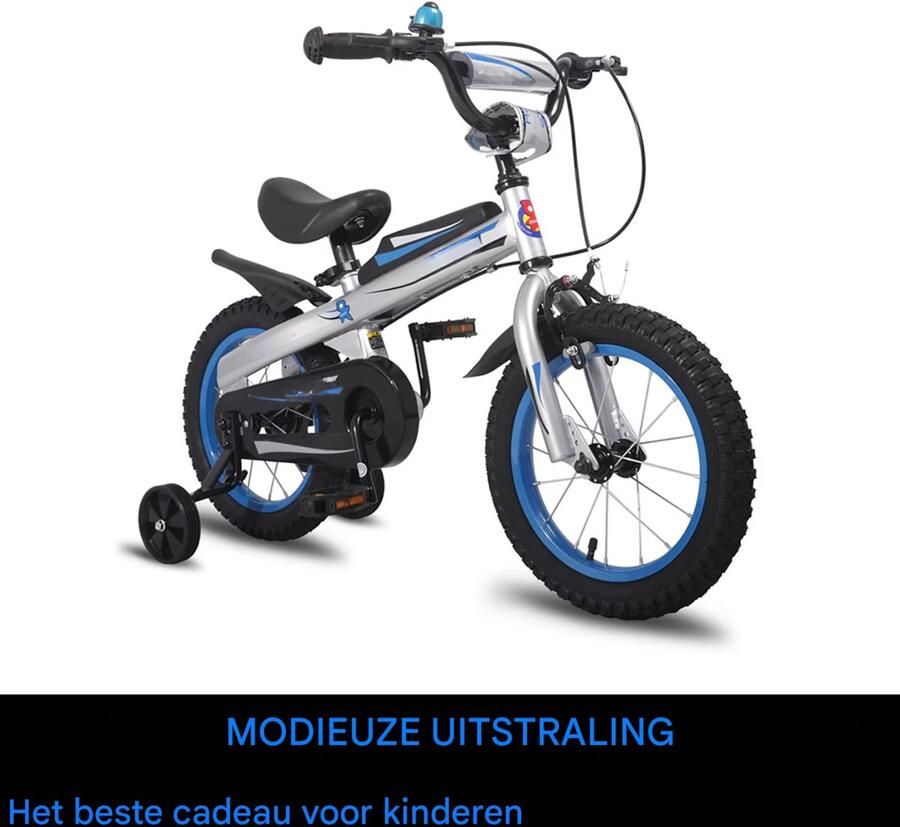 Happiq Kinderfiets – Voor kinderen van 2-4 jaar – Met zijwieltjes en Klinghandrem – Blauw 41 cm