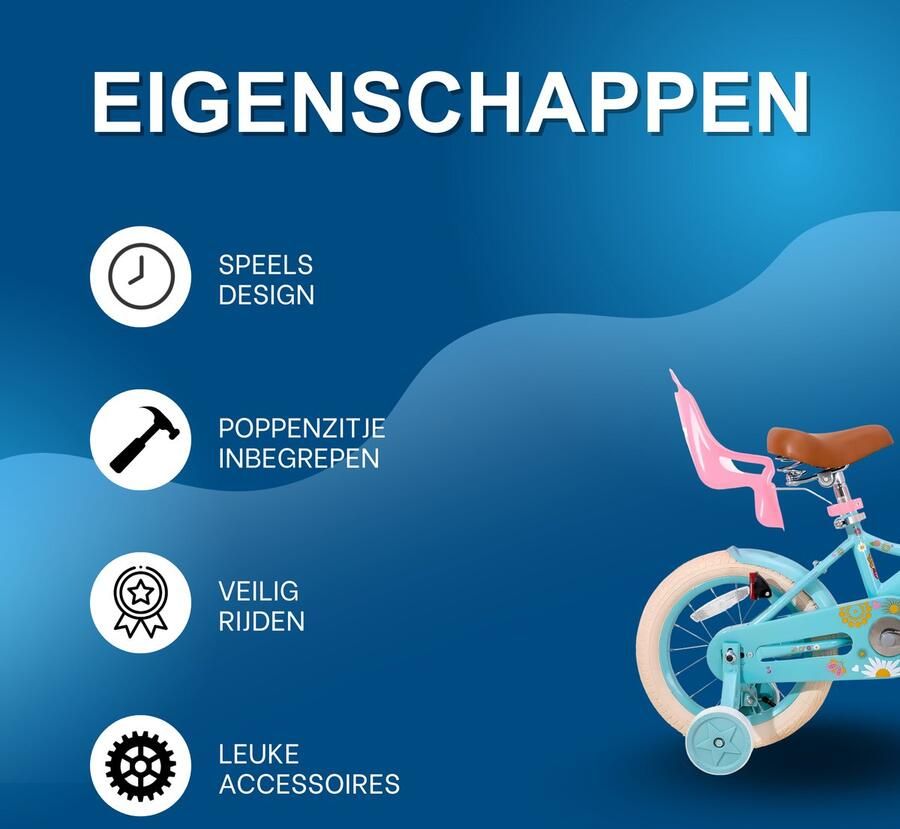 Happiq Kinderfiets – Voor meisjes 2–7 jaar – Met poppenfietszadel streamers vlag en nummerplaat – Blue2-16 Inch