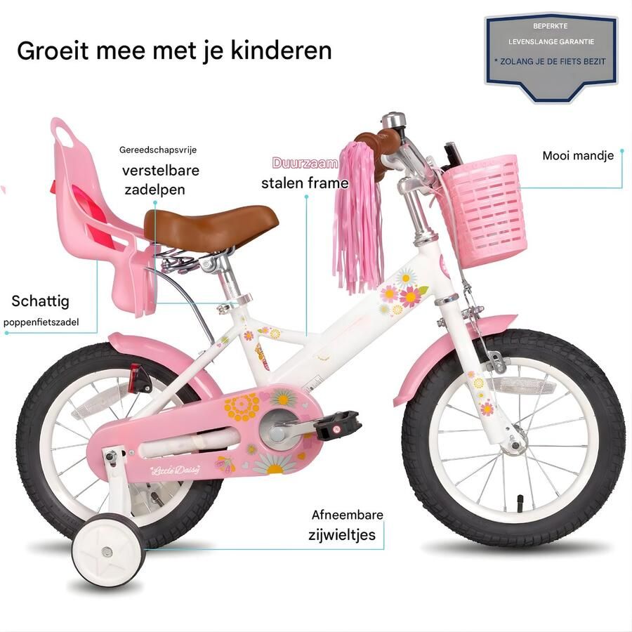 Happiq Kinderfiets – Voor meisjes 2–7 jaar – Met poppenfietszadel streamers vlag en nummerplaat – Black-12 Inch