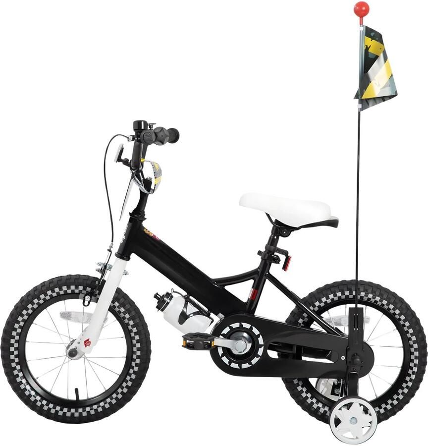 Happiq Kinderfiets – Voor meisjes 2–7 jaar – Met poppenfietszadel streamers vlag en nummerplaat – Black-16 Inch