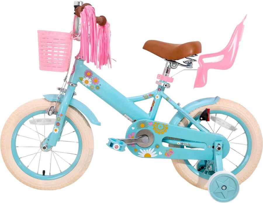 Happiq Kinderfiets – Voor meisjes 2–7 jaar – Met poppenfietszadel streamers vlag en nummerplaat – Blue2-14 Inch