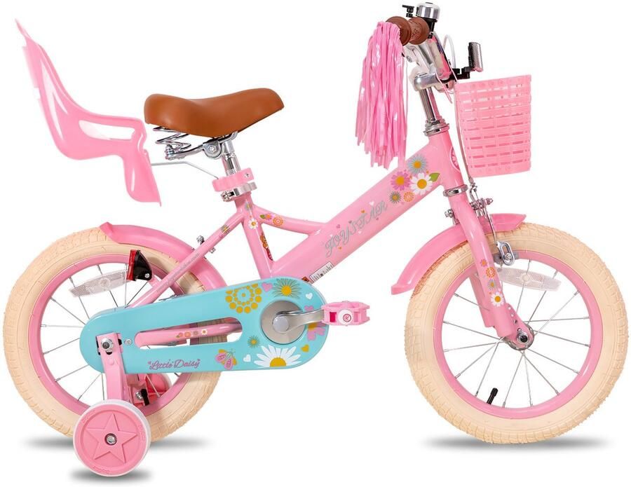 Happiq Kinderfiets – Voor meisjes 2–7 jaar – Met poppenfietszadel streamers vlag en nummerplaat – Pink2-14 Inch