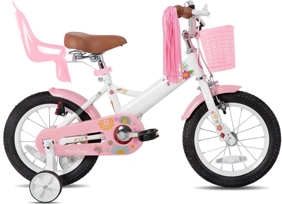 Happiq Kinderfiets – Voor meisjes 2–7 jaar – Met poppenfietszadel streamers vlag en nummerplaat – Pink-14 Inch