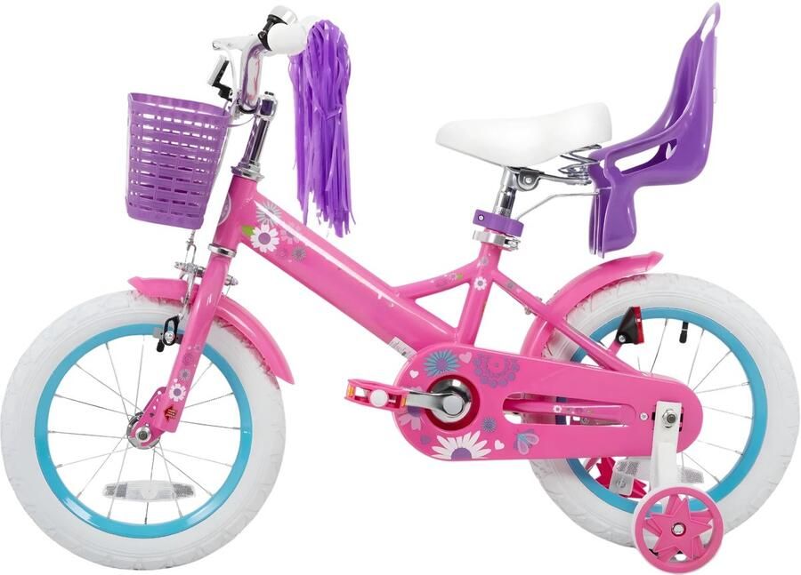 Happiq Kinderfiets – Voor meisjes 2–7 jaar – Met poppenfietszadel streamers vlag en nummerplaat – Pink2-16 Inch