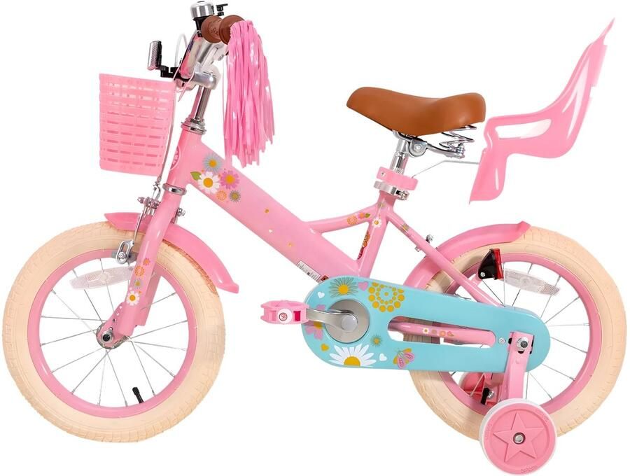 Happiq Kinderfiets – Voor meisjes 2–7 jaar – Met poppenfietszadel streamers vlag en nummerplaat – Pink-12 Inch