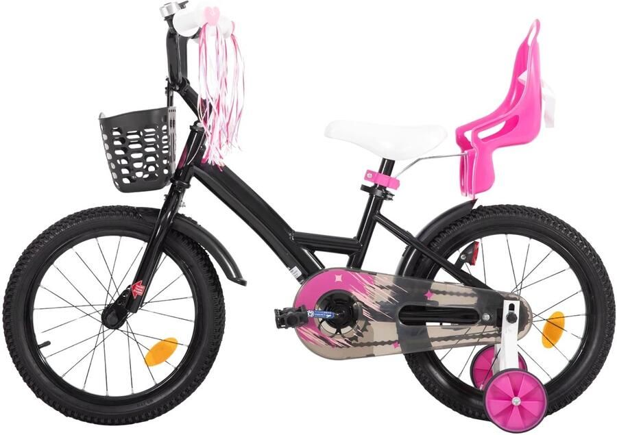 Happiq Kinderfiets – Voor meisjes 3–10 jaar – Met zijwieltjes streamers mand en poppenzitje – Black-14 Inch