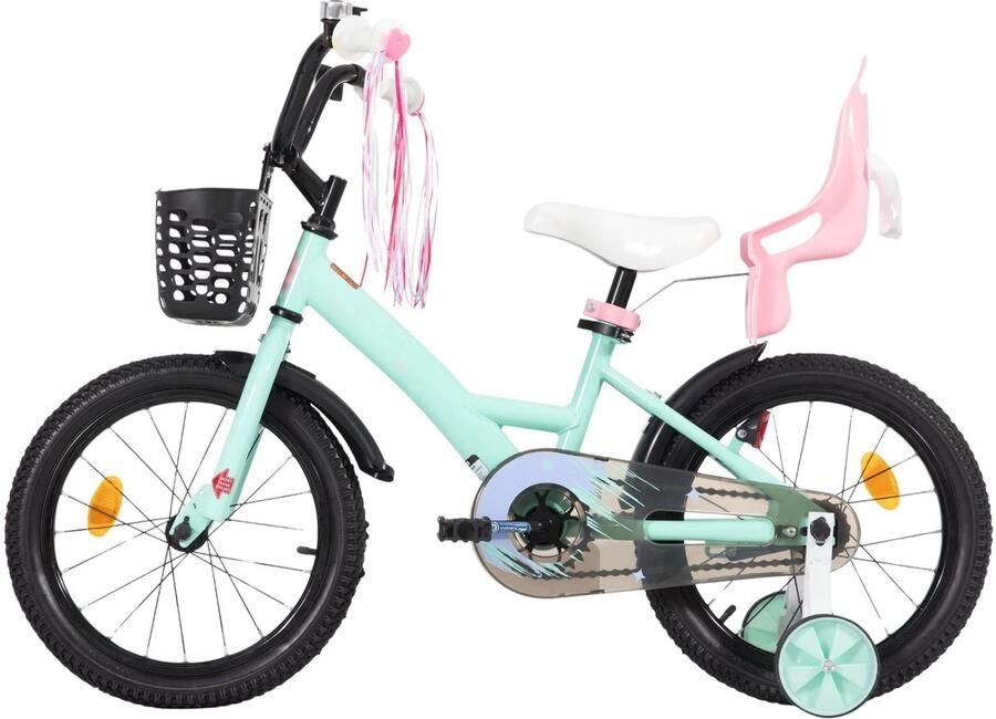 Happiq Kinderfiets – Voor meisjes 3–10 jaar – Met zijwieltjes streamers mand en poppenzitje – Green-16 Inch
