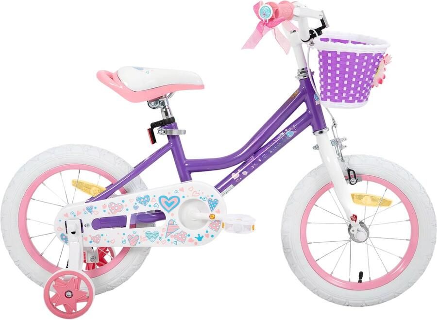 Happiq Meisjesfiets – Voor peuters en kinderen van 2-9 jaar – Met zijwieltjes mandje handrem & standaard – Paars 36 cm