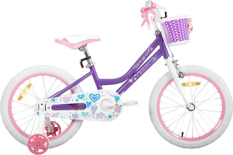 Happiq Meisjesfiets – Voor peuters en kinderen van 2-9 jaar – Met zijwieltjes mandje handrem & standaard – Paars 46 cm
