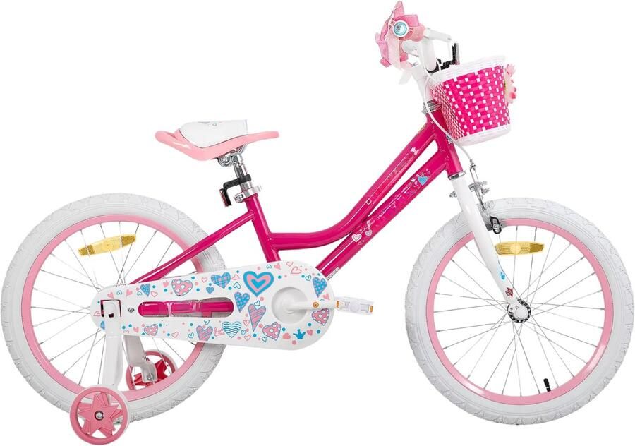 Happiq Meisjesfiets – Voor peuters en kinderen van 2-9 jaar – Met zijwieltjes mandje handrem & standaard – Roze 46 cm